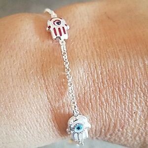 Evil eye Chamseh rainbow Silver Bracelet 7.5 inche